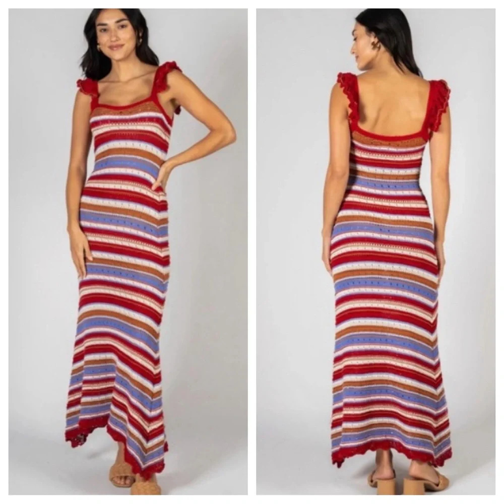 Lucca Fallon Crocheted striped Midi Dress With Ruffle Sleeves 33725